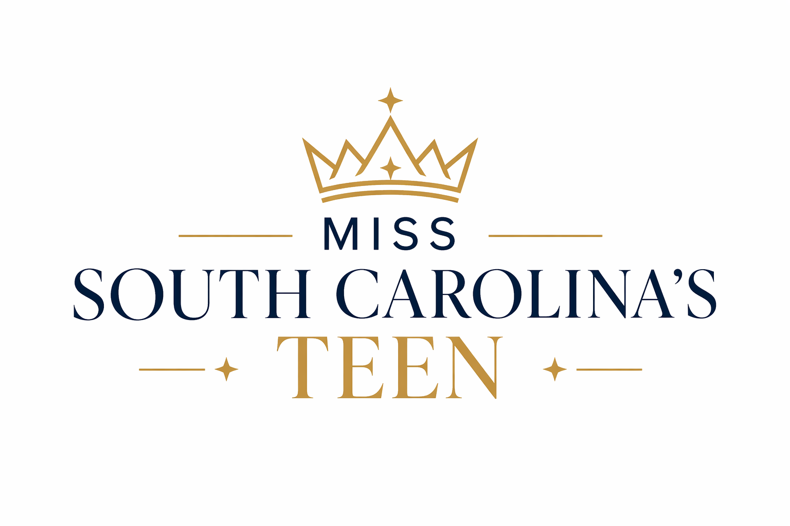 Logo for Miss South Carolina's Teen pageant featuring a gold crown above bold navy text.